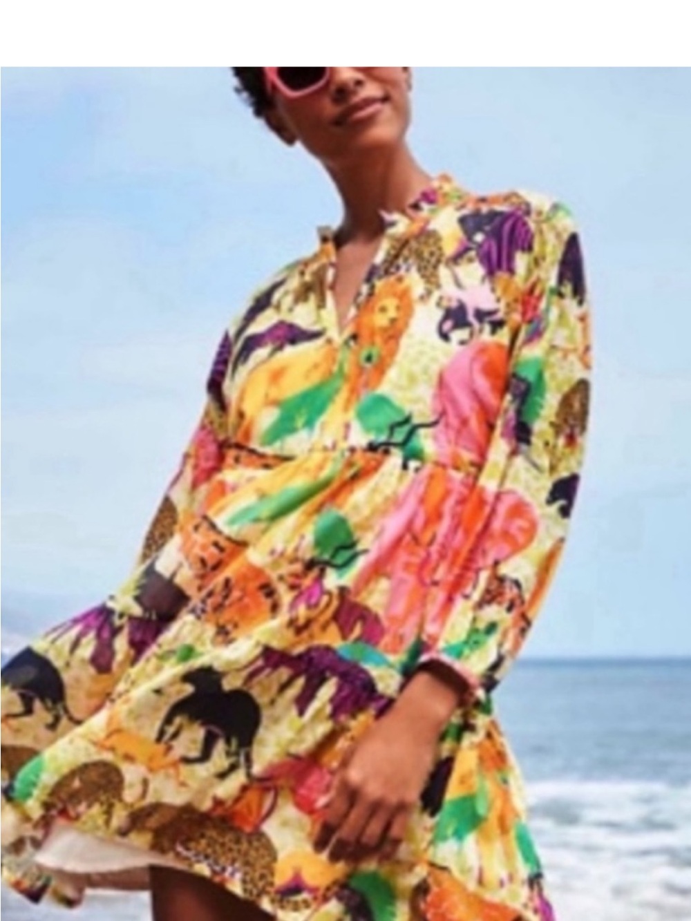 Diane Von Furstenberg Bright Multi-Color Animal & Floral Long Sleeve Dress